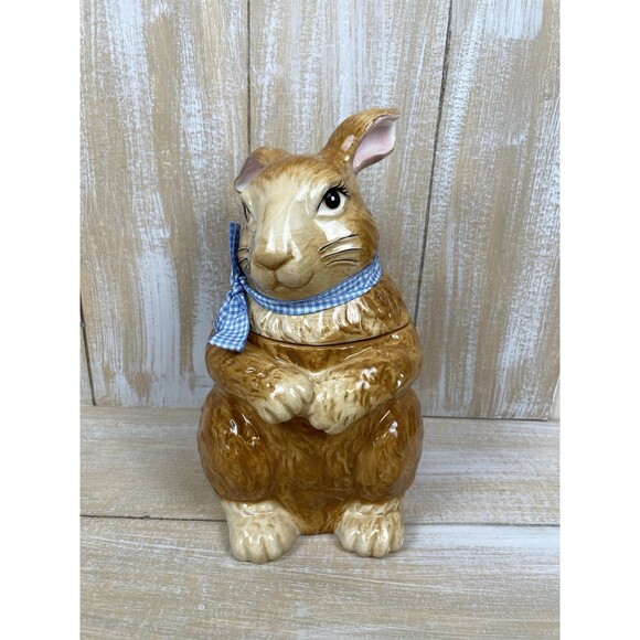 Pier 1 Bunny Rabbit Dolomite/ Ceramic Cookie Jar Canister Spring Easter READ - Picture 1 of 12